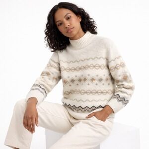Talbots Petite Mock Neck Fair Isle Knit Sweater Cream Tan Black Women's P